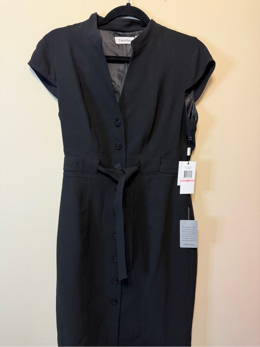 Calvin Klein Black Cap-Sleeve Belted Sheath Dress